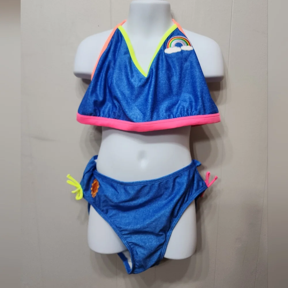 NWT Cat & Jack Bikini XL 14 - 16‎ Blue Multicolor Rainbow Embroidered Beach C437